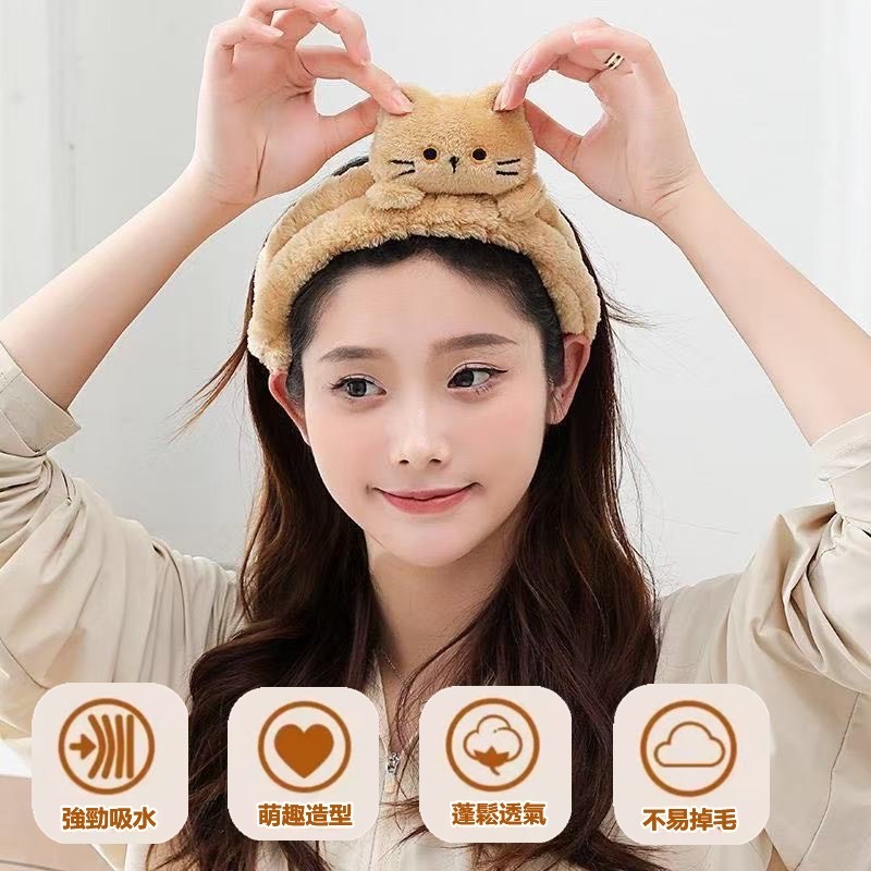 預購｜立體卡通貓咪髮束帶｜柔軟珊瑚絨材質 無痕不傷髮 洗臉/化妝/敷面膜必備 彈力舒適合身 軟萌貓咪造型 1+1 組-細節圖3