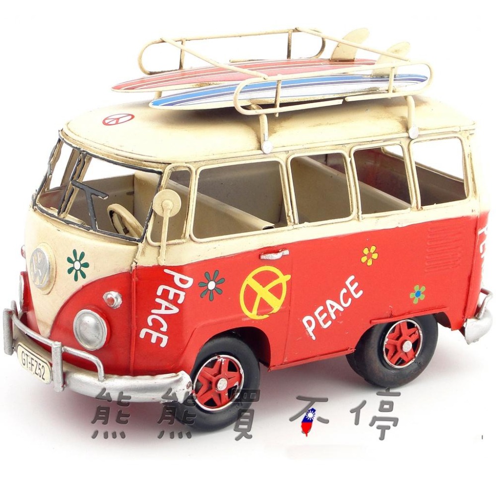 [在台現貨] 鐵製 手工 鐵皮 福斯 T1 帶衝浪板 Q版 箱型車 麵包車 露營車 汽車 模型-細節圖2