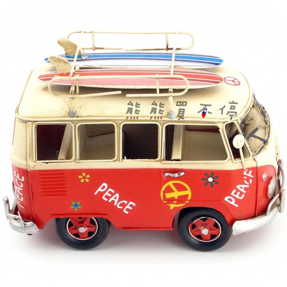 [在台現貨] 鐵製 手工 鐵皮 福斯 T1 帶衝浪板 Q版 箱型車 麵包車 露營車 汽車 模型-細節圖3