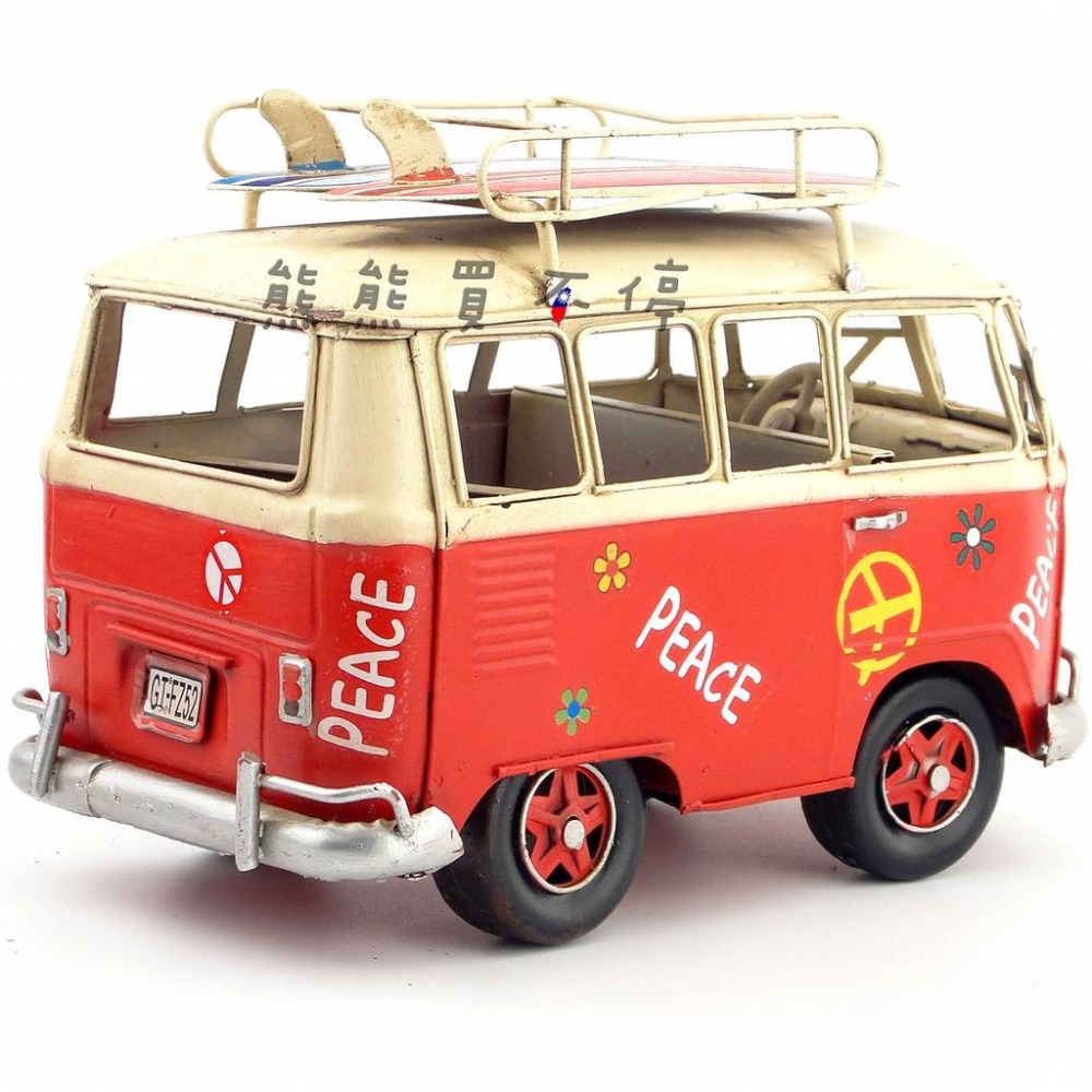 [在台現貨] 鐵製 手工 鐵皮 福斯 T1 帶衝浪板 Q版 箱型車 麵包車 露營車 汽車 模型-細節圖5