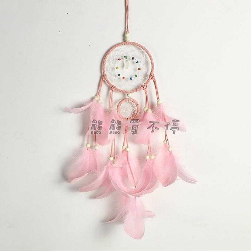 <現貨/四色可選> 皮編 雙環 粉色羽毛 捕夢網 塑膠珠子 裝飾 LED掛飾 贈送星星燈/精美包裝禮盒/掛勾 生日禮物-細節圖5
