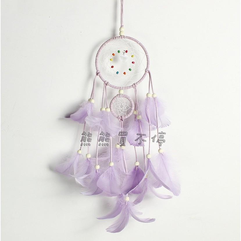 <現貨/四色可選> 皮編 雙環 粉色羽毛 捕夢網 塑膠珠子 裝飾 LED掛飾 贈送星星燈/精美包裝禮盒/掛勾 生日禮物-細節圖6