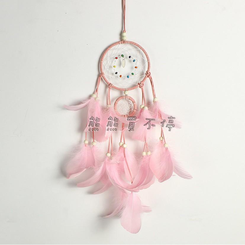 <現貨/四色可選> 皮編 雙環 粉色羽毛 捕夢網 塑膠珠子 裝飾 LED掛飾 贈送星星燈/精美包裝禮盒/掛勾 生日禮物-細節圖5