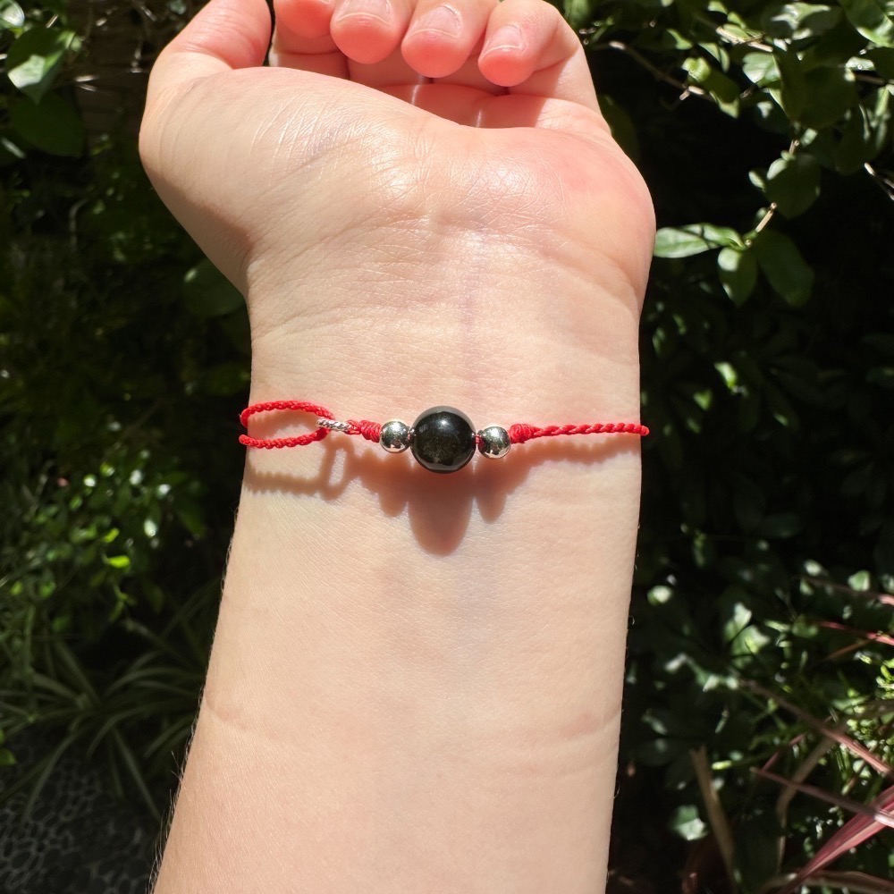 純銀水晶蠟線手鍊 七月避邪款 黑曜石 銀曜石 金曜石 茶晶 黑碧璽 蠟線 客製化-細節圖3