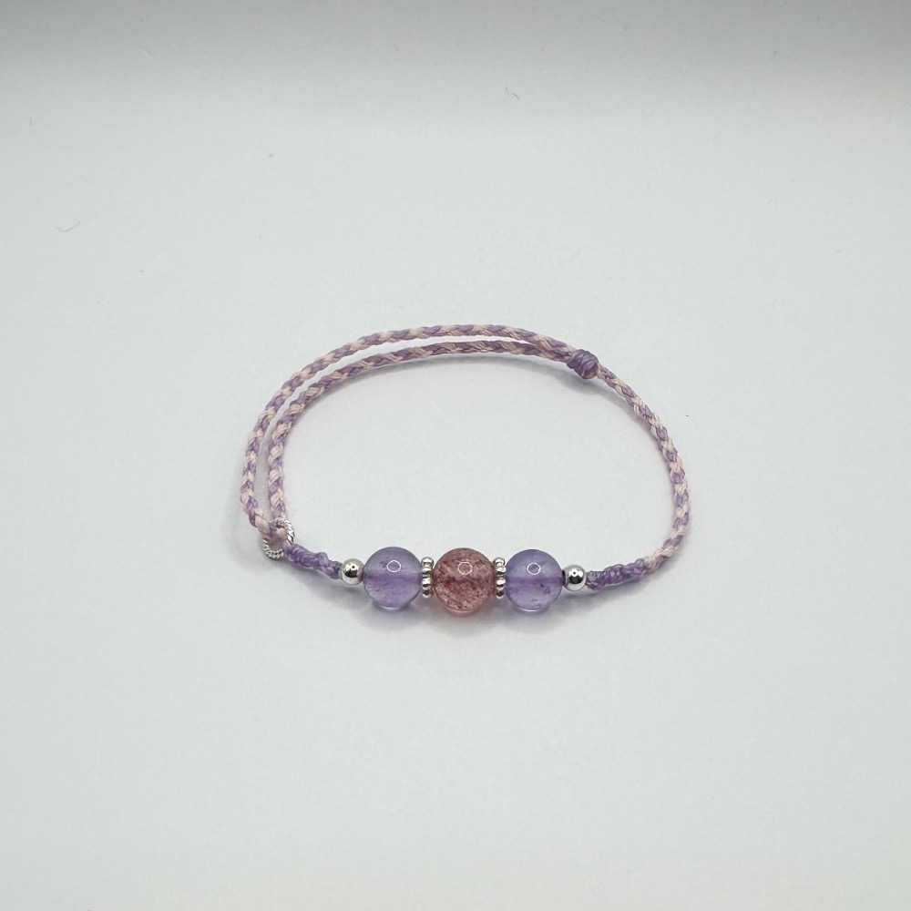 薰衣草紫晶草莓晶開智慧增貴人水晶手鍊 純銀 蠟線手鍊 南美蠟線 水晶 紫水晶 草莓晶 人緣-細節圖2