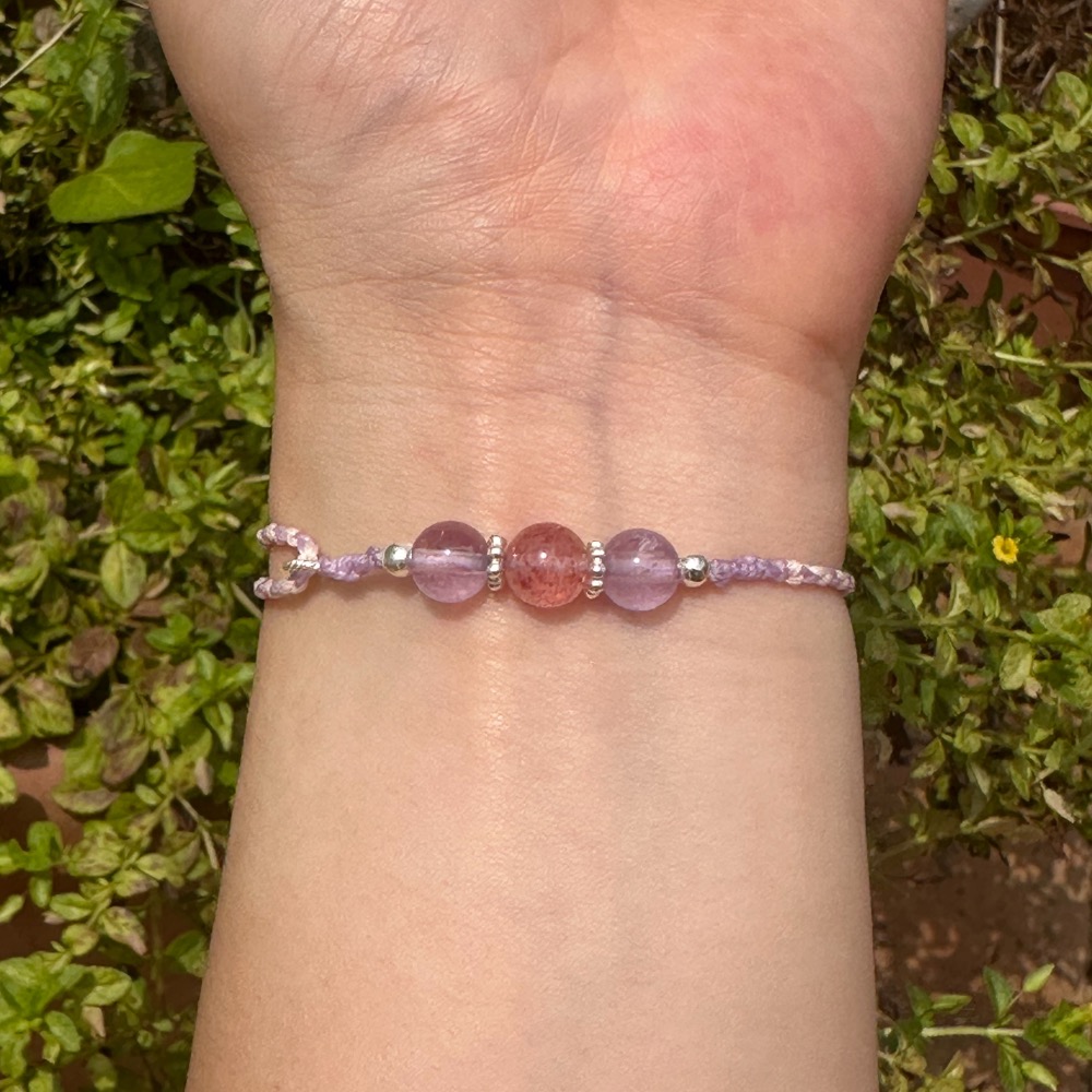 薰衣草紫晶草莓晶開智慧增貴人水晶手鍊 純銀 蠟線手鍊 南美蠟線 水晶 紫水晶 草莓晶 人緣-細節圖3