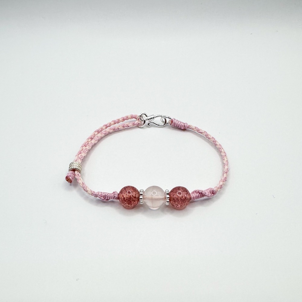 草莓晶粉晶招人緣招桃花純銀蠟線手鍊 水晶 S925 桃花 愛情 南美蠟線 客製化 蠟線手鍊-細節圖2