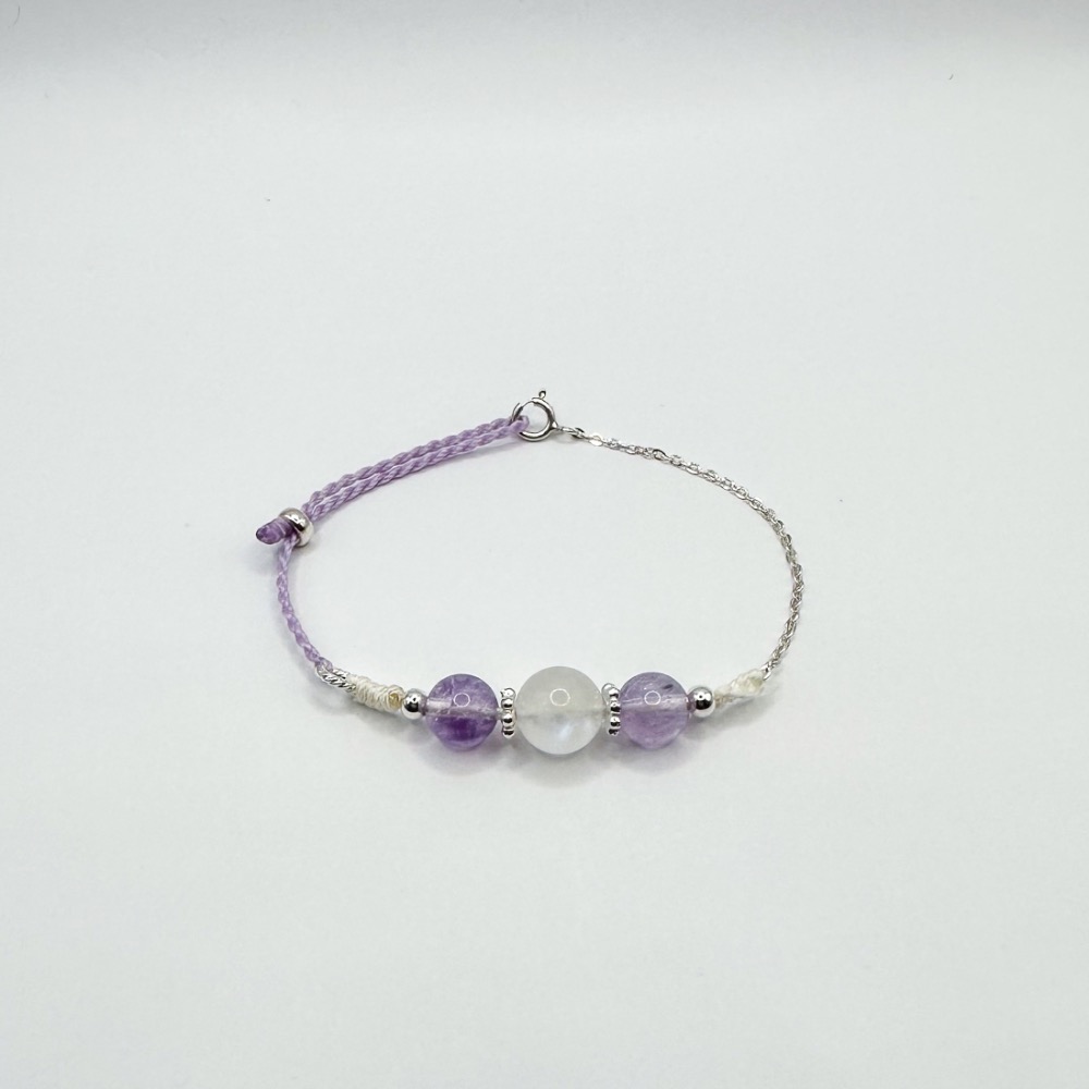 薰衣草紫水晶藍月光石純銀蠟線手鍊 S925 銀手鍊 南美蠟線 客製化 增智慧 紫水晶 水晶 貴人 情緒穩定-細節圖2