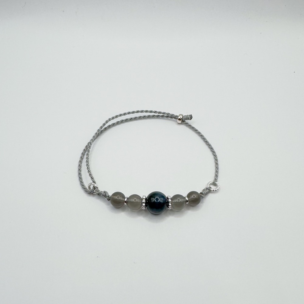 藍虎眼灰月光石純銀蠟線手鍊 S925 純銀 南美蠟線 蠟線手鍊 客製化 事業運 虎眼石 水晶 灰月光-細節圖2