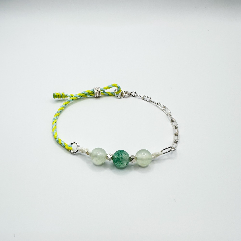 綠草莓晶葡萄石純銀鏈蠟線手鍊 純銀 S925 水晶 設計 客製化 葡萄石 草莓晶-細節圖2