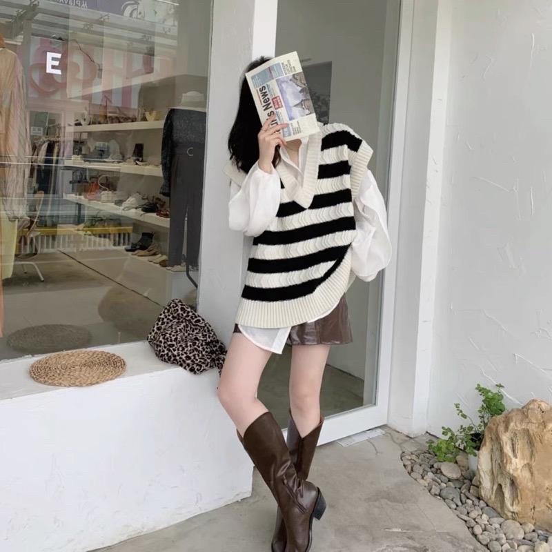 現貨❤️CHUMI 韓版黑白條紋V領針織背心-細節圖3