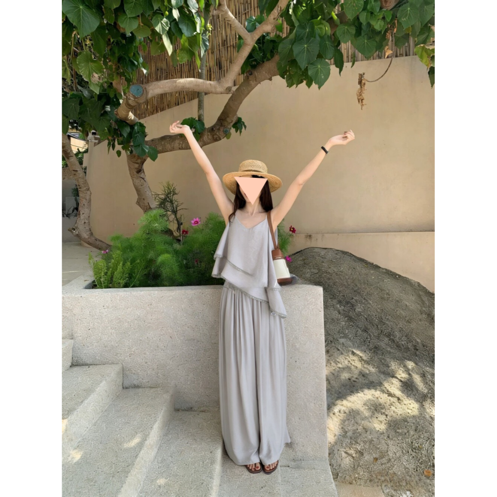 3月早春~清冷鬆弛感荷葉邊吊帶背心+鬆緊寬闊休閒褲-細節圖2