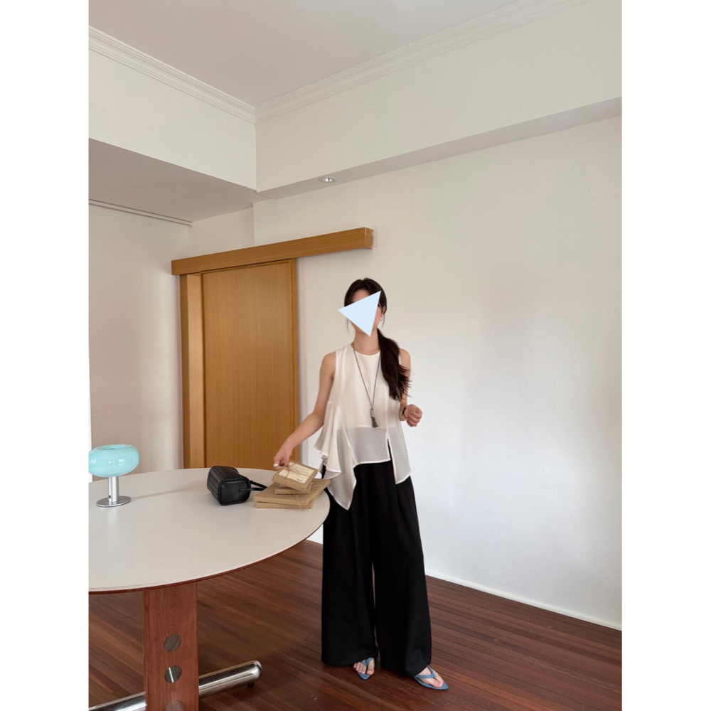 4月遲早要迎接暖春盛夏~不規則無袖小衫+高腰寬闊休閒褲-細節圖3