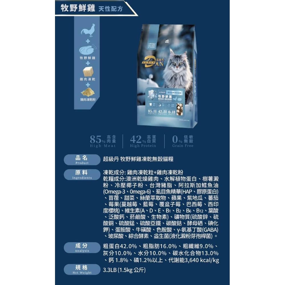超級 丹 貓飼料 1.5公斤 凍乾+凍乾粉+飼料 無穀 高肉量 高蛋白 台灣製造 Super DAN-細節圖5