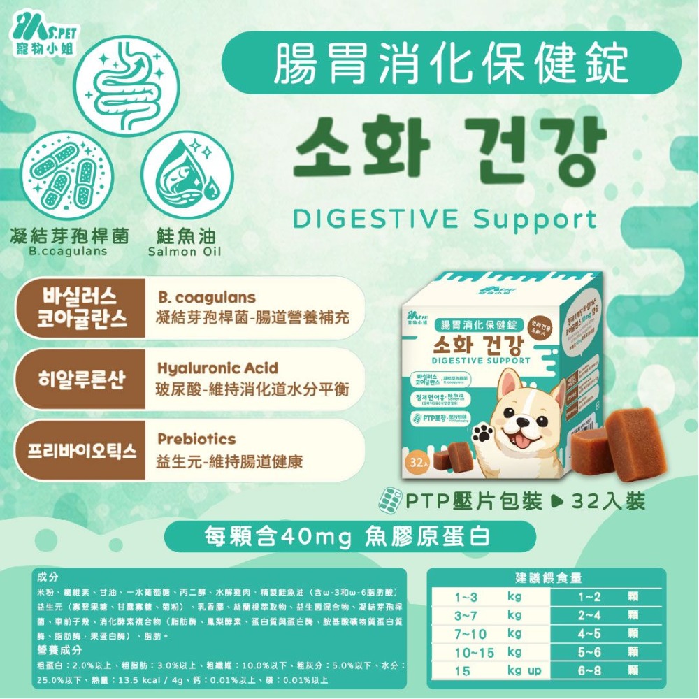 Ms.PET 寵物小姐 寵物保健錠 亮毛護膚 關節 腸胃消化 視力護眼 保健食品-規格圖8