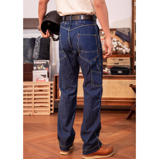 復刻 Freewheelers WABASH 藍染帆布 9口袋工裝褲 高腰寬鬆直筒 重機褲 藍染INDIGO 全埋夾工藝-細節圖2