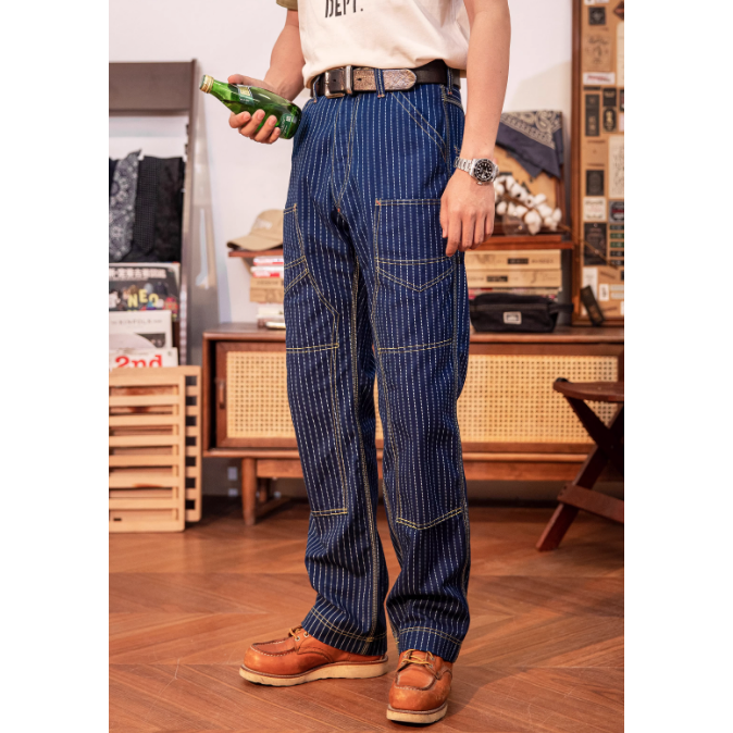 復刻 Freewheelers WABASH 藍染帆布 9口袋工裝褲 高腰寬鬆直筒 重機褲 藍染INDIGO 全埋夾工藝-細節圖3