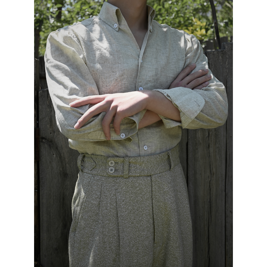 義大利工法 BUTTON-DOWN 手工包縫 亞麻 一片領 夏季長袖襯衫 正裝襯衫-細節圖2