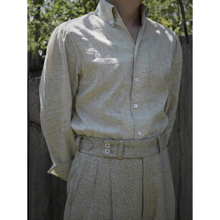 義大利工法 BUTTON-DOWN 手工包縫 亞麻 一片領 夏季長袖襯衫 正裝襯衫-細節圖3
