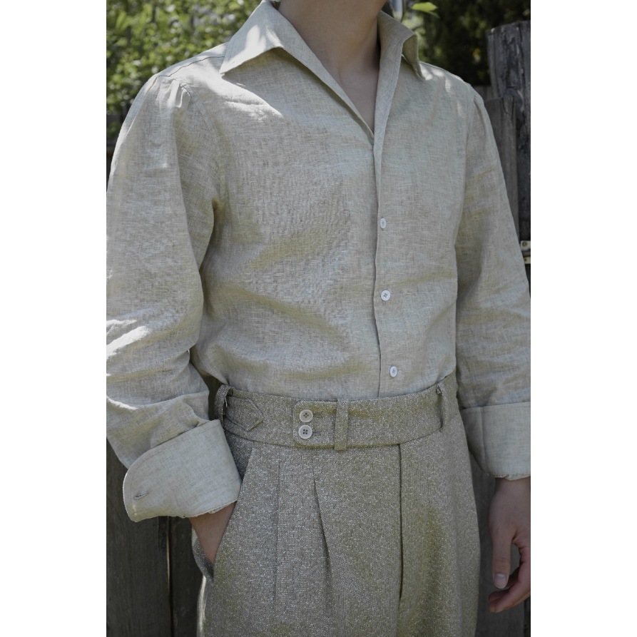 義大利工法 BUTTON-DOWN 手工包縫 亞麻 一片領 夏季長袖襯衫 正裝襯衫-細節圖6