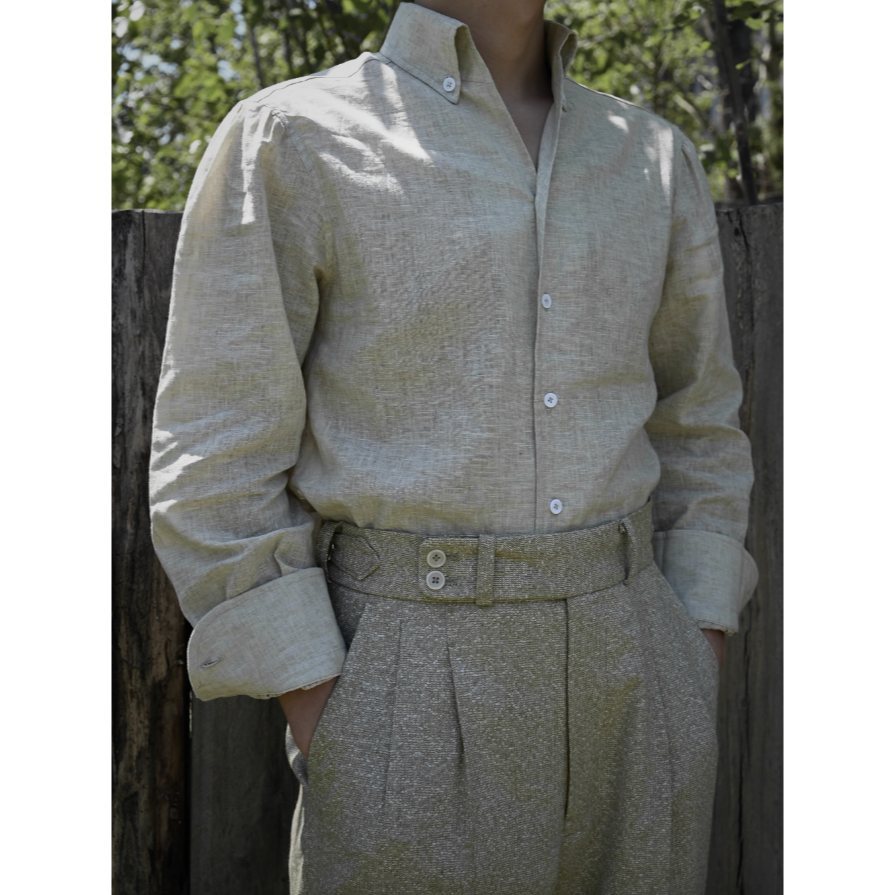 義大利工法 BUTTON-DOWN 手工包縫 亞麻 一片領 夏季長袖襯衫 正裝襯衫-細節圖7