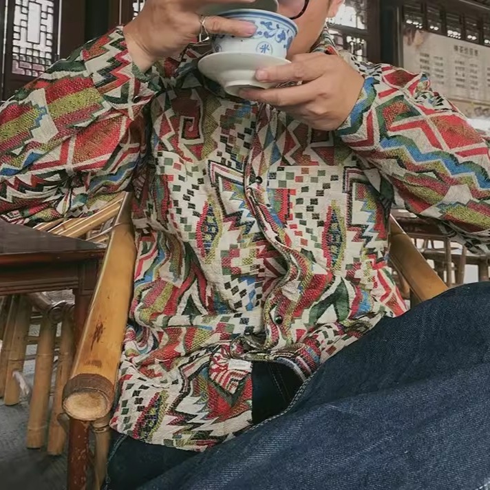 EL CAPITAL  印地安原宿風 滿版圖騰花紋長袖襯衫 復古襯衫 街頭 音樂祭 夏威夷 菁英資本-細節圖2