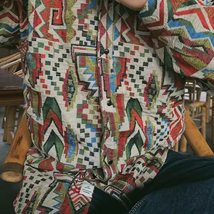 EL CAPITAL  印地安原宿風 滿版圖騰花紋長袖襯衫 復古襯衫 街頭 音樂祭 夏威夷 菁英資本-細節圖3