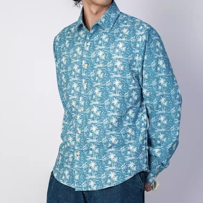 EL CAPITAL 藍色椰樹花紋長袖襯衫 度假風 夏威夷 滿版花襯衫 復古 街頭 音樂祭 菁英資本-細節圖2