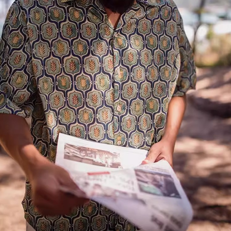 EL CAPITAL 稻穗印花滿版花紋短袖襯衫 花襯衫 滿版印花 復古 短襯衫 街頭 音樂祭穿搭-細節圖2