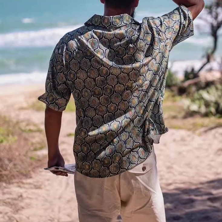 EL CAPITAL 稻穗印花滿版花紋短袖襯衫 花襯衫 滿版印花 復古 短襯衫 街頭 音樂祭穿搭-細節圖4