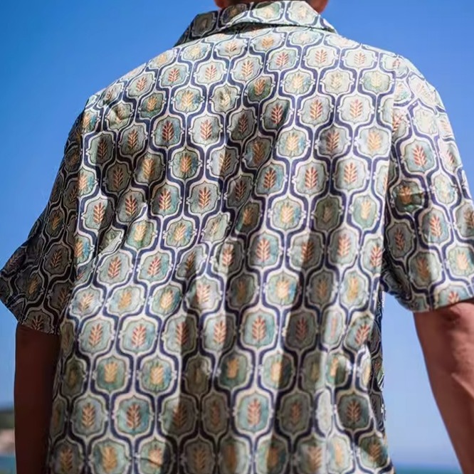 EL CAPITAL 稻穗印花滿版花紋短袖襯衫 花襯衫 滿版印花 復古 短襯衫 街頭 音樂祭穿搭-細節圖5