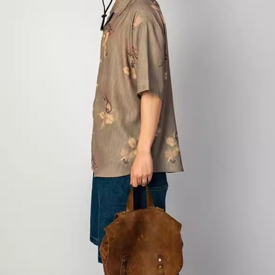 EL CAPITAL 褐色花紋短袖襯衫 花襯衫 滿版圖案 復古 街頭 潮流 音樂祭穿搭 菁英資本-細節圖2