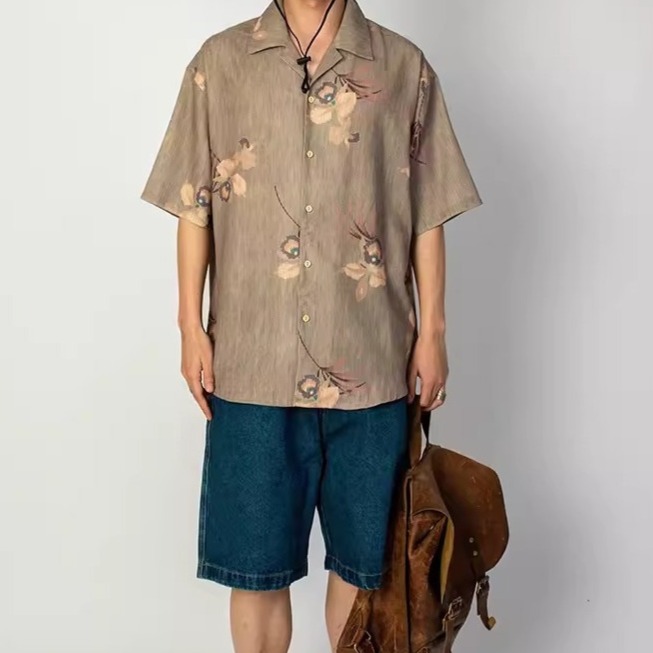 EL CAPITAL 褐色花紋短袖襯衫 花襯衫 滿版圖案 復古 街頭 潮流 音樂祭穿搭 菁英資本-細節圖3