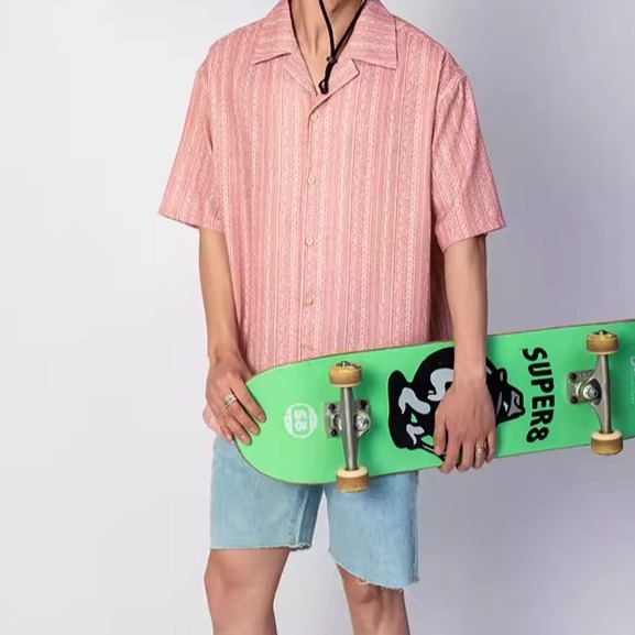 EL CAPITAL 橘色圖騰長條文短襯衫 花襯衫 素面襯衫 寬鬆 街頭 度假風 日系 音樂祭穿搭 菁英資本-細節圖2