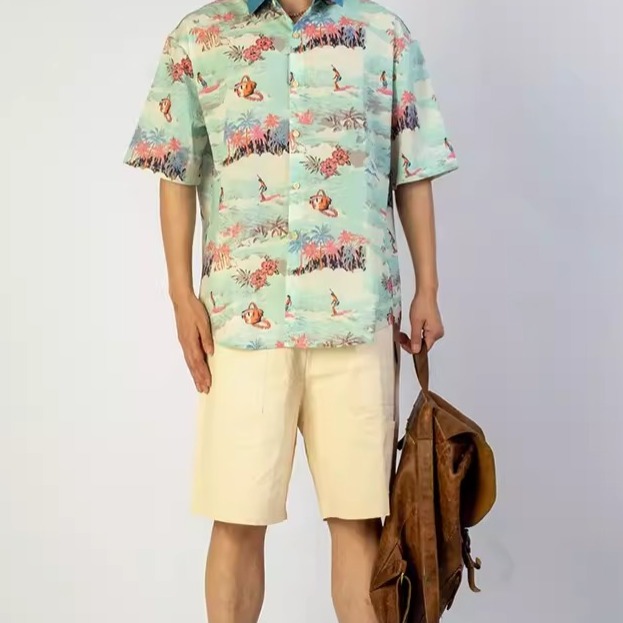 EL CAPITAL 淺藍熱帶圖案滿版花襯衫 短袖襯衫 滿版圖案 花襯衫 復古 度假風 街頭 潮流 音樂祭穿 菁英資本-細節圖3