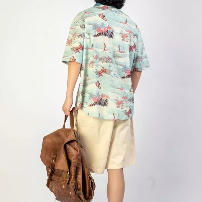 EL CAPITAL 淺藍熱帶圖案滿版花襯衫 短袖襯衫 滿版圖案 花襯衫 復古 度假風 街頭 潮流 音樂祭穿 菁英資本-細節圖5