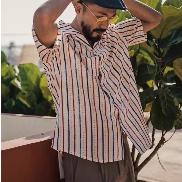 EL CAPITAL 直條紋自由古巴短袖襯衫 花襯衫 滿版圖案 慵懶度假風 街頭 復古 潮流 音樂祭穿搭 菁英資本-細節圖4