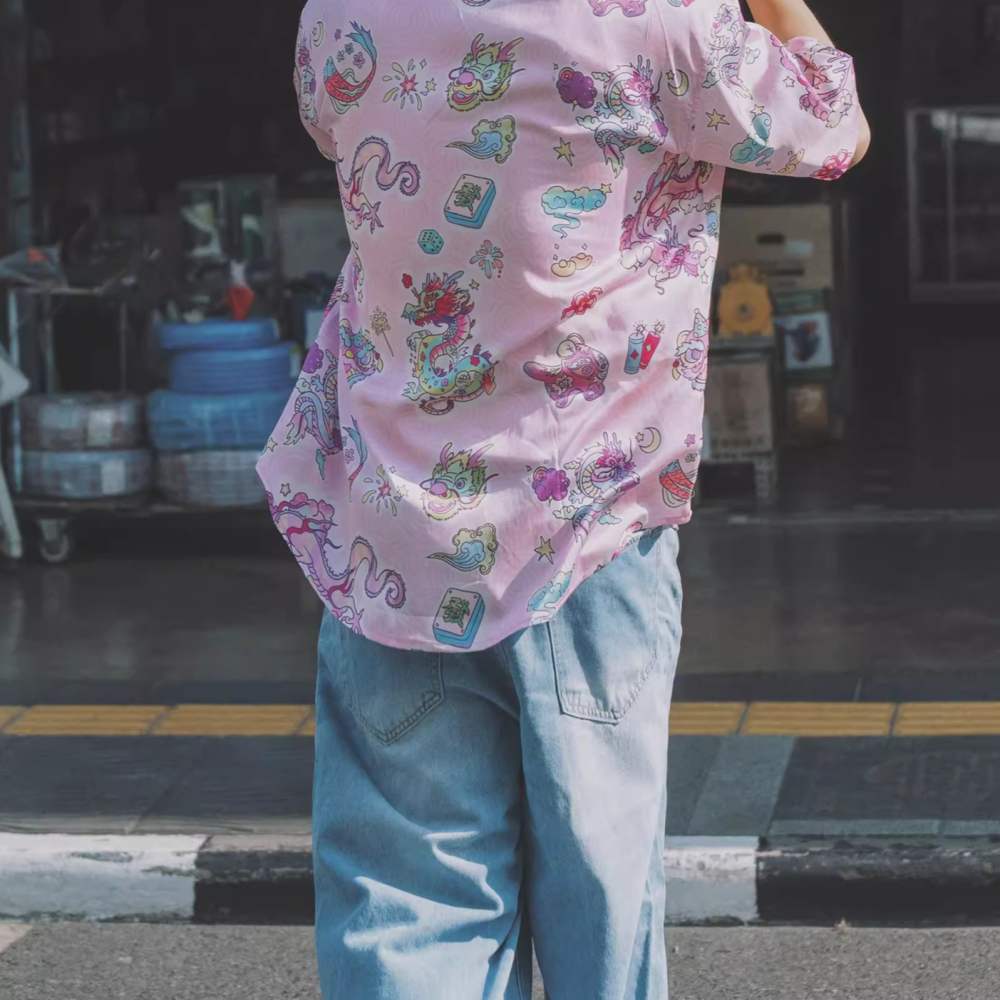 EL CAPITAL 舞龍舞獅粉紅花紋襯衫 短袖襯衫 花襯衫 滿版圖案 街頭 復古 潮流 菁英資本-細節圖2