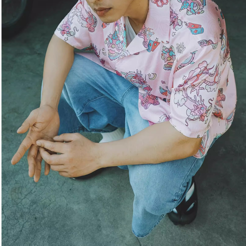 EL CAPITAL 舞龍舞獅粉紅花紋襯衫 短袖襯衫 花襯衫 滿版圖案 街頭 復古 潮流 菁英資本-細節圖4