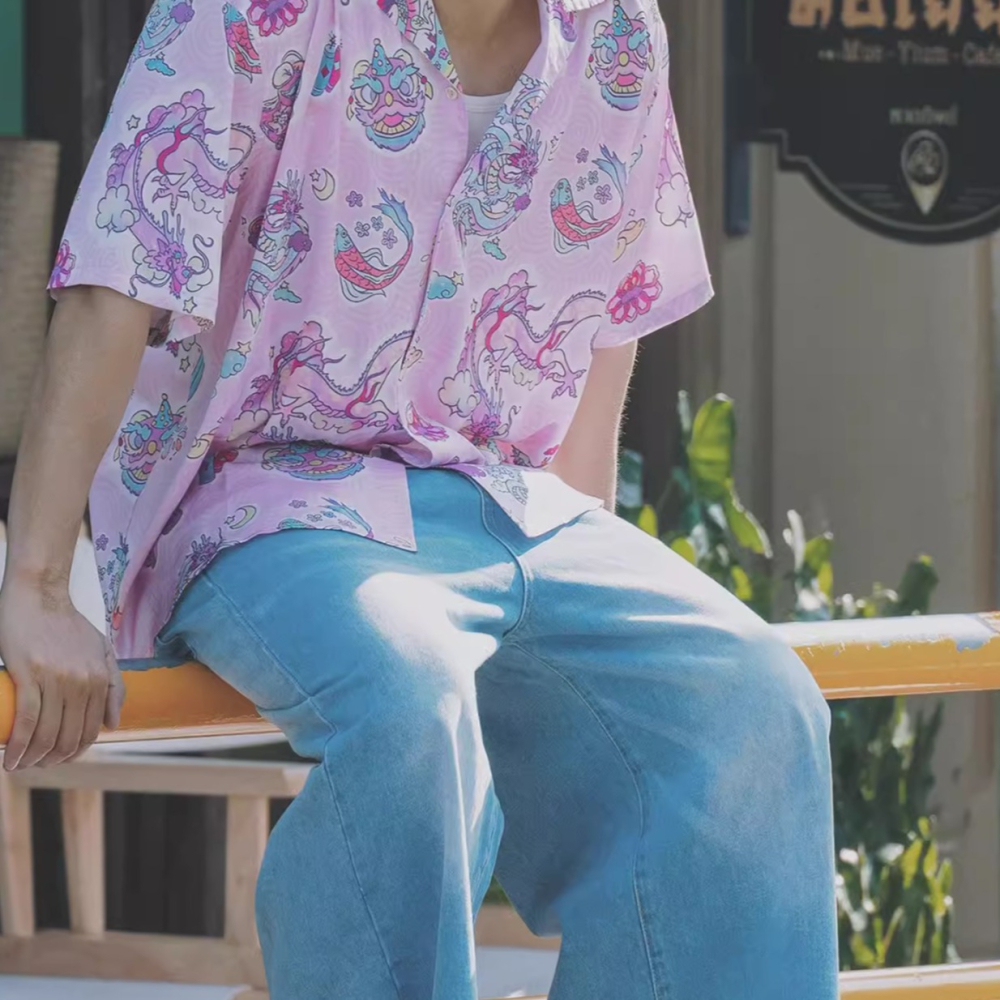 EL CAPITAL 舞龍舞獅粉紅花紋襯衫 短袖襯衫 花襯衫 滿版圖案 街頭 復古 潮流 菁英資本-細節圖5