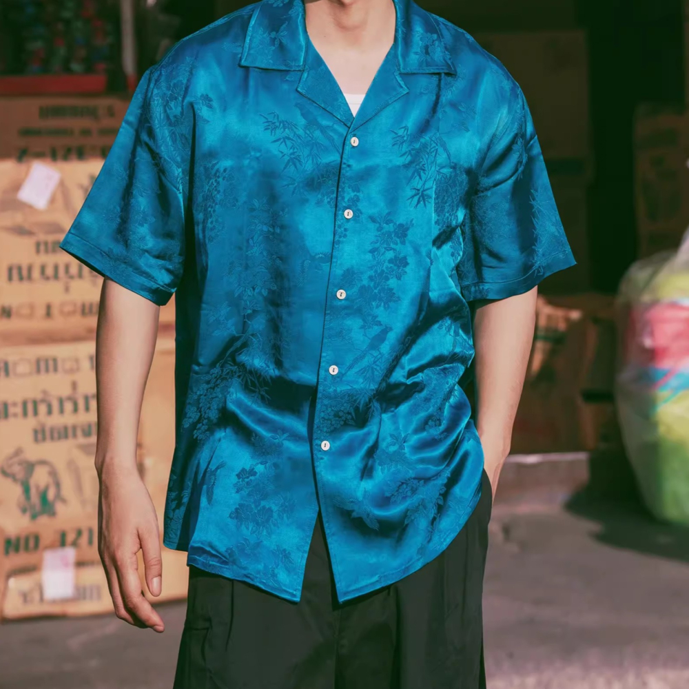 EL CAPITAL 藍色浮雕花紋短襯衫 短袖襯衫 花襯衫 復古 街頭 潮流 音樂祭穿搭 菁英資本-細節圖4