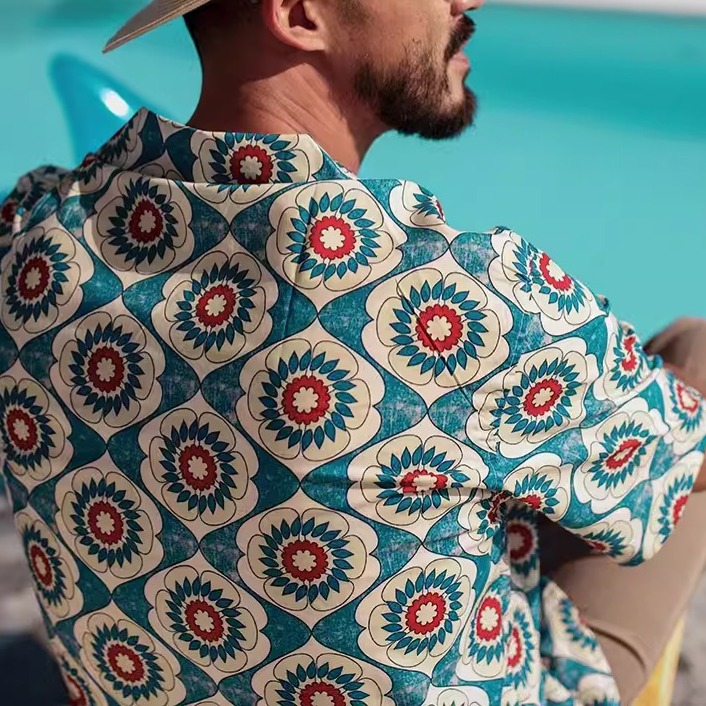 EL CAPITAL 格陵蘭鄉村圖案短袖襯衫 滿版花紋 花襯衫 短袖襯衫 寬鬆 度假風 復古 街頭 音樂祭 菁英資本-細節圖4