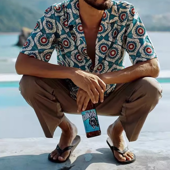 EL CAPITAL 格陵蘭鄉村圖案短袖襯衫 滿版花紋 花襯衫 短袖襯衫 寬鬆 度假風 復古 街頭 音樂祭 菁英資本-細節圖5