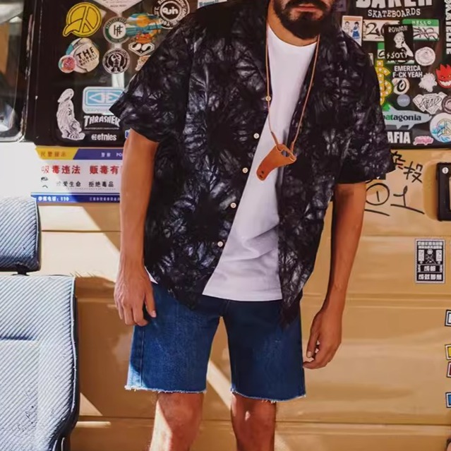 EL CAPITAL 牛仔抓染短袖花襯衫 短袖襯衫 花襯衫 渣男風 度假風 慵懶 音樂祭穿搭 菁英資本-細節圖2