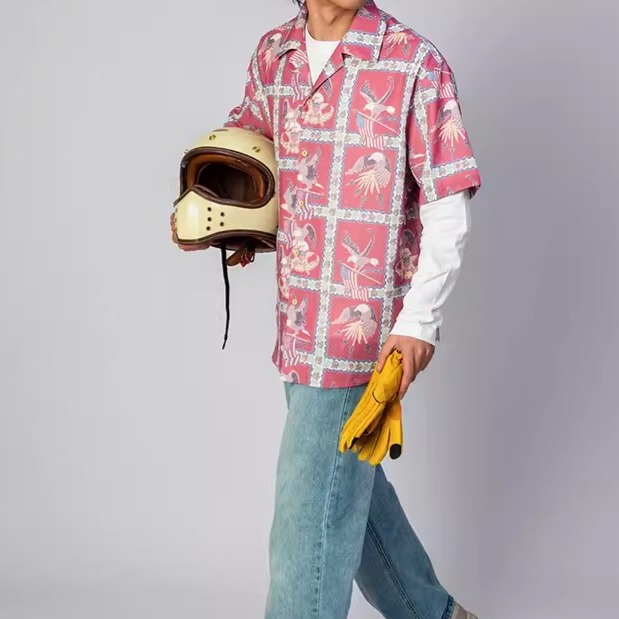 EL CAPITAL 紅色老鷹印花短袖襯衫 短袖襯衫 花襯衫 度假風 慵懶 街頭 休閒 音樂祭穿搭 菁英資本-細節圖2