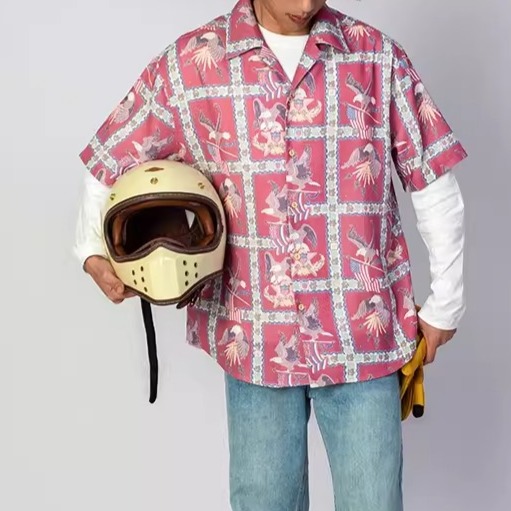 EL CAPITAL 紅色老鷹印花短袖襯衫 短袖襯衫 花襯衫 度假風 慵懶 街頭 休閒 音樂祭穿搭 菁英資本-細節圖4