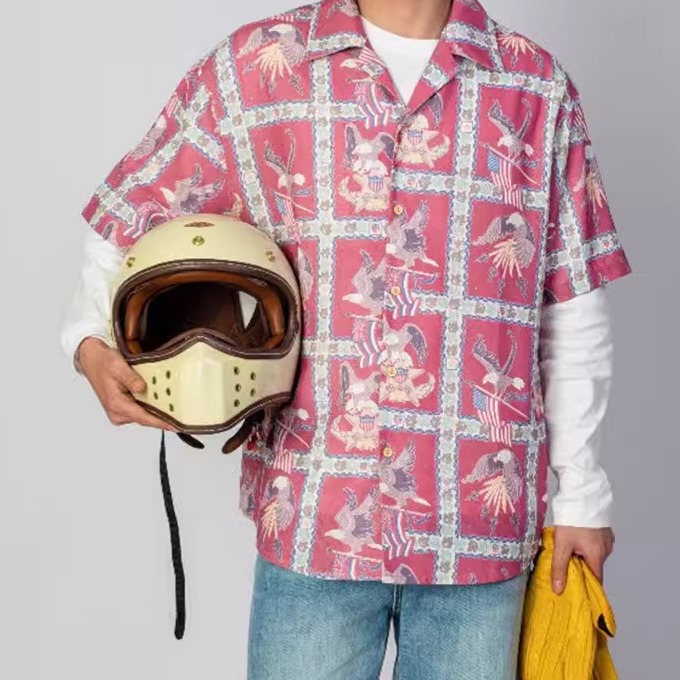 EL CAPITAL 紅色老鷹印花短袖襯衫 短袖襯衫 花襯衫 度假風 慵懶 街頭 休閒 音樂祭穿搭 菁英資本-細節圖5