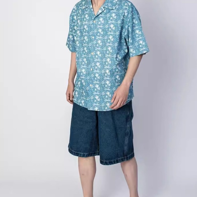 EL CAPITAL 藍色椰樹滿版印花短袖襯衫 花襯衫 短袖襯衫 滿版圖案 度假風 休閒 復古 音樂祭穿搭 菁英資本-細節圖2