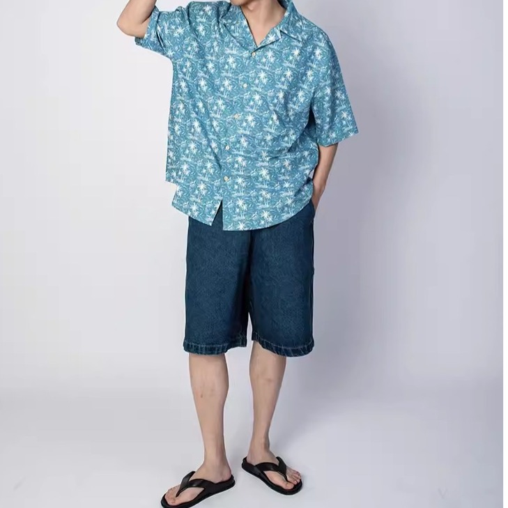 EL CAPITAL 藍色椰樹滿版印花短袖襯衫 花襯衫 短袖襯衫 滿版圖案 度假風 休閒 復古 音樂祭穿搭 菁英資本-細節圖3