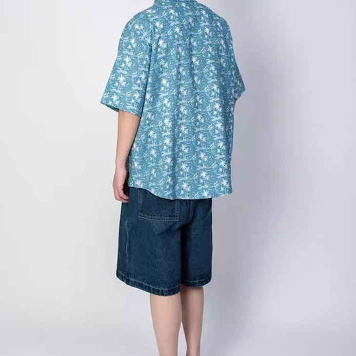 EL CAPITAL 藍色椰樹滿版印花短袖襯衫 花襯衫 短袖襯衫 滿版圖案 度假風 休閒 復古 音樂祭穿搭 菁英資本-細節圖4
